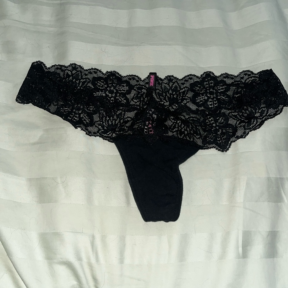 Black flowery lace pink thong in size S, used twice